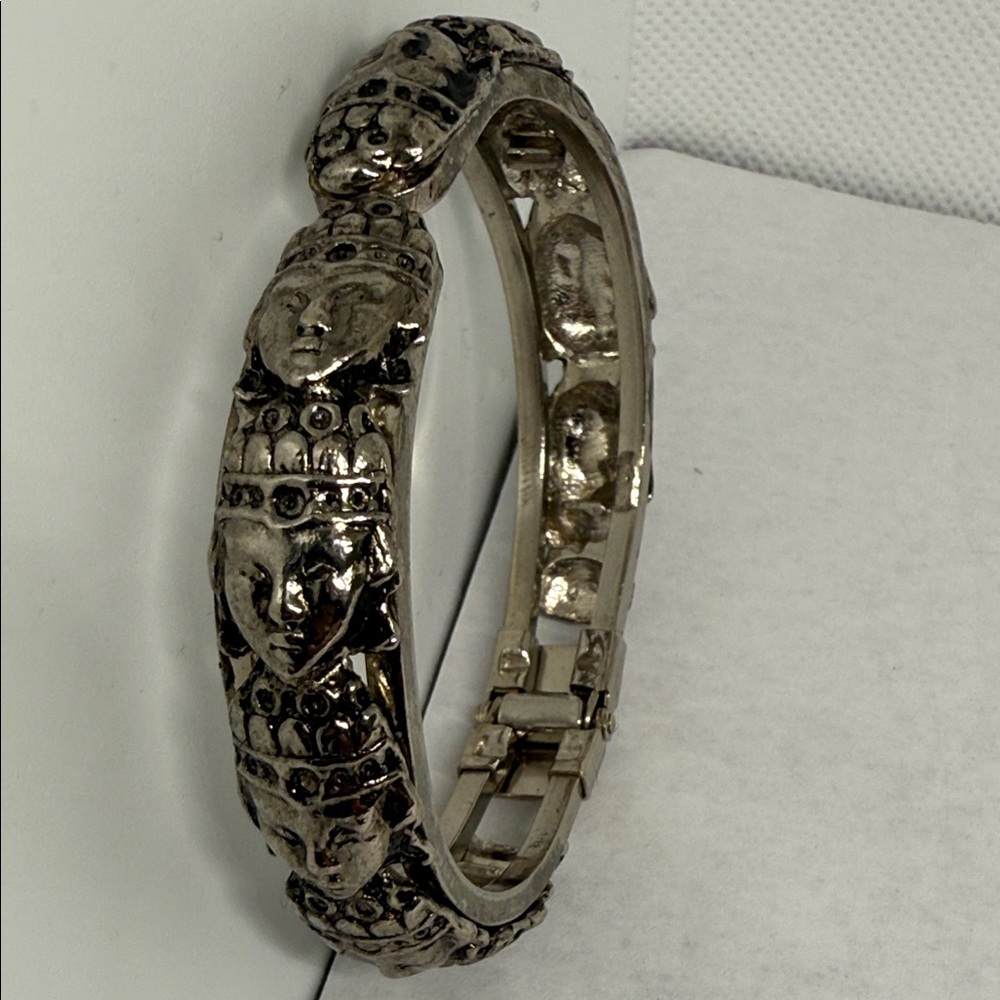 Vintage Silver tone Tribal Tibetan Face Bangle clamper Bracelet